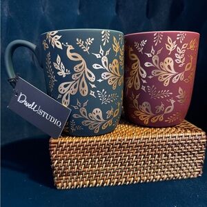 Set of Two Dwell Studio Soft Touch Coffee Mugs Teal &Green Peacock - lovely gift